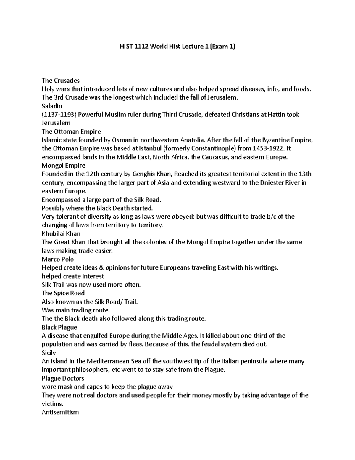 Hist 1112 World Hist Lecture 1 Hist 1112 World Hist Lecture 1 Exam 1