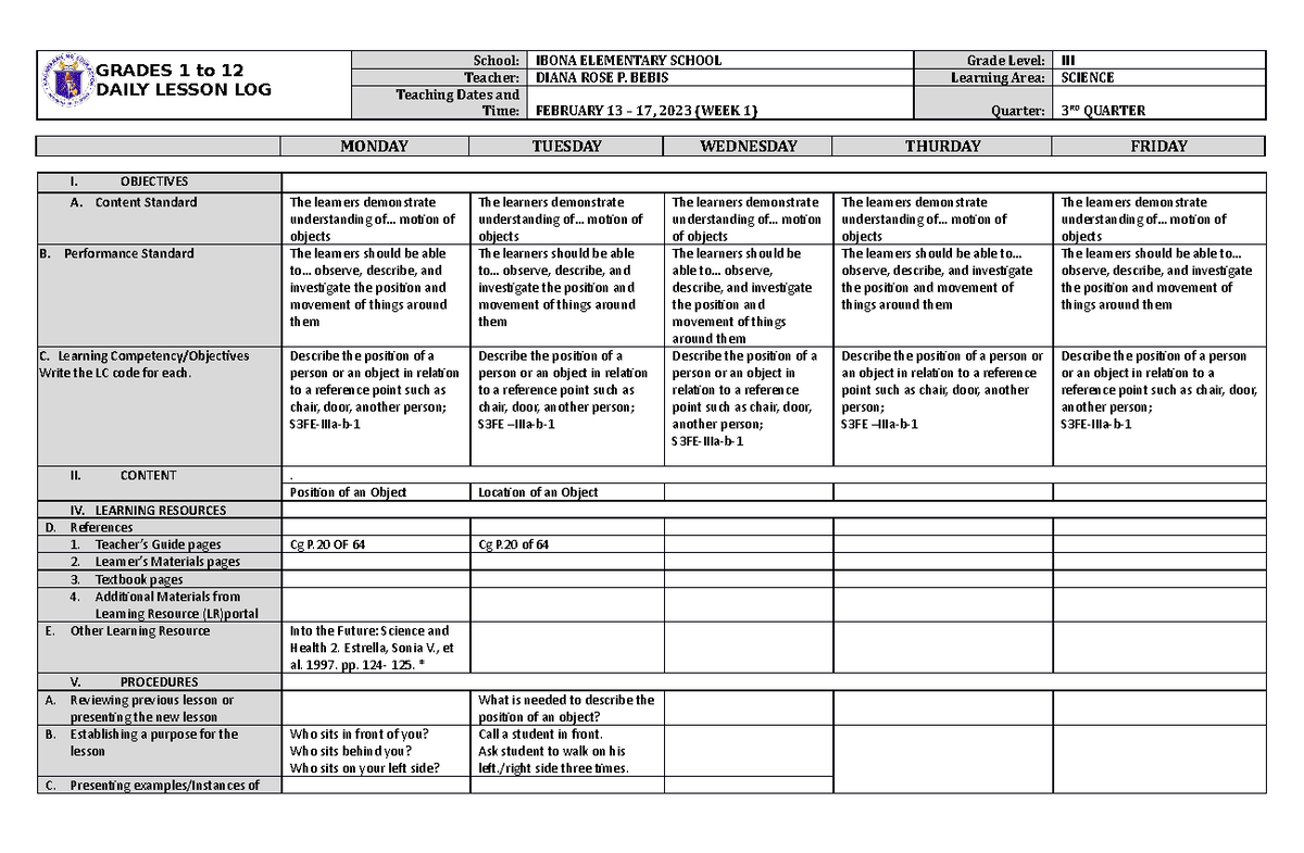 DLL Science 3 Q3 W1 - GRADES 1 to 12 DAILY LESSON LOG School: IBONA ...