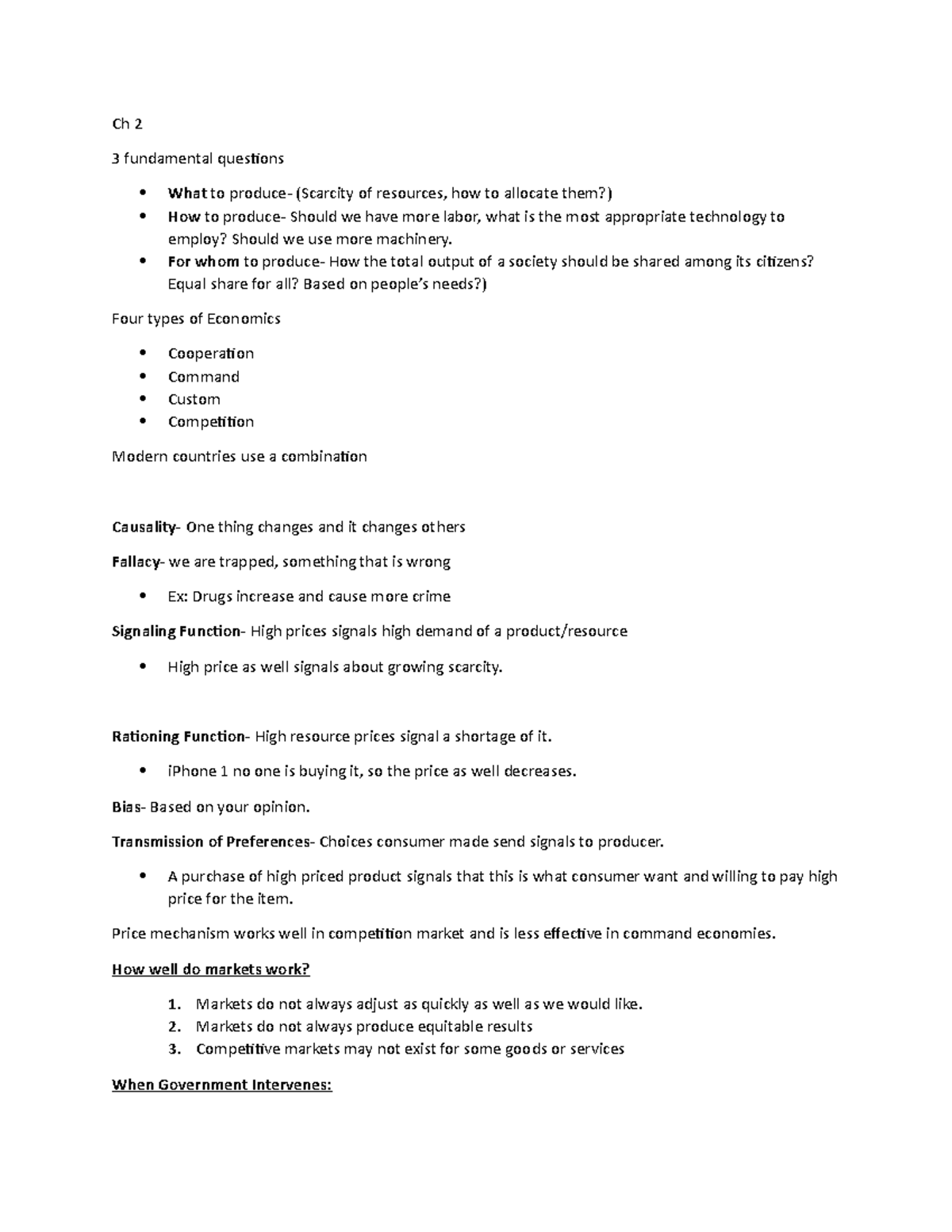 All Chapters Economics - Ch 2 3 fundamental questions What to produce ...