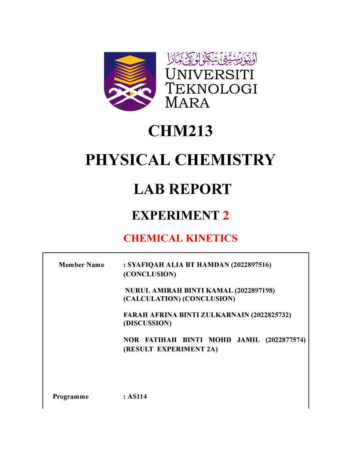 lab report experiment 2 chemistry matriculation