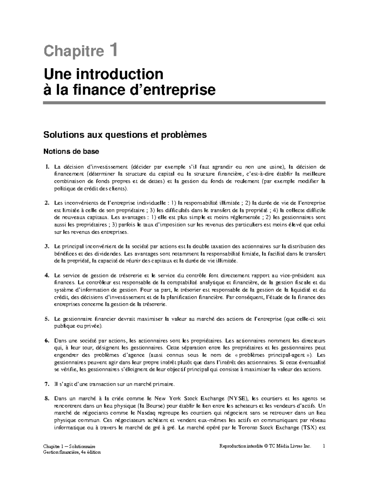Fondements De La Comptabilité Financière 4e édition Chap01 solutionnaire - Chapitre 1 Une introduction à la finance  d'entreprise Solutions aux questions - Studocu