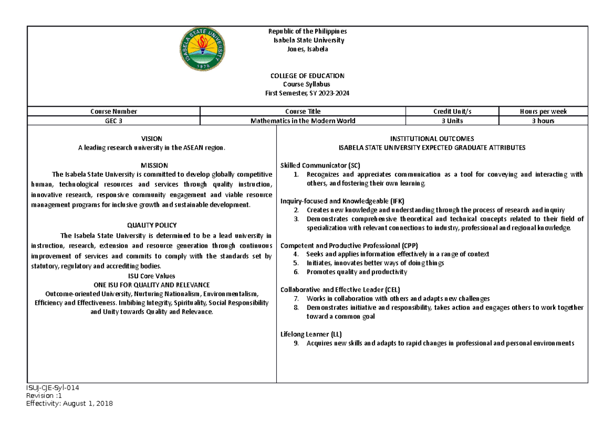 Syllabus mathematics in the modern world - Republic of the Philippines ...