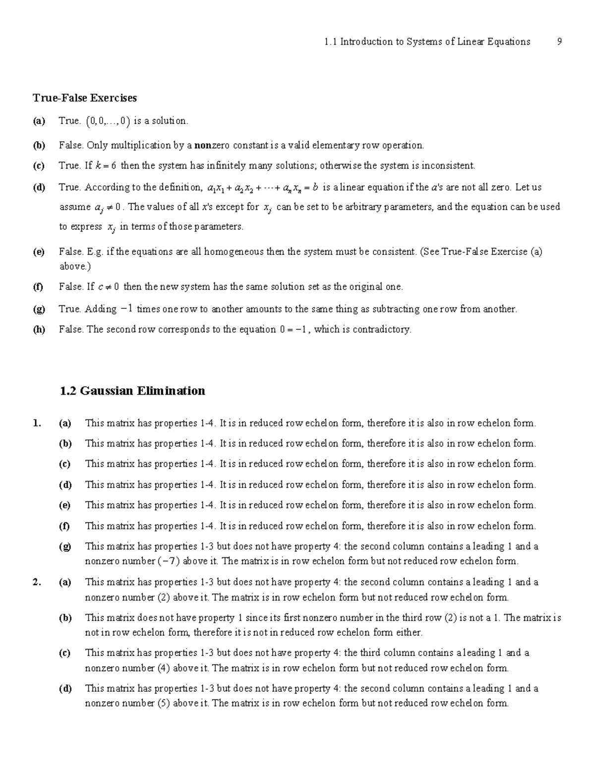 안톤 선형대수 12판 1.2답 - 1 Introduction to Systems of Linear Equations 9 True ...