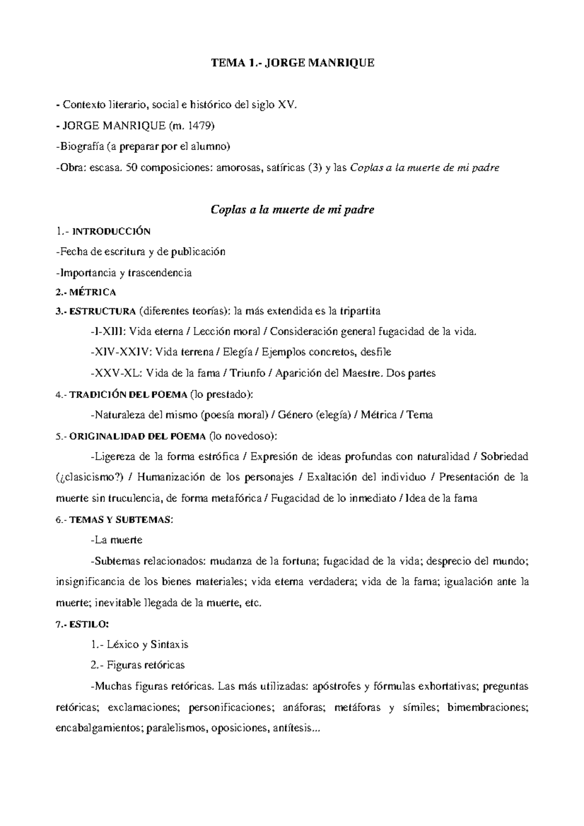 Esquema tema 1 Coplas - Apuntes 1 - TEMA  JORGE MANRIQUE - Contexto  literario, social e histórico - Studocu