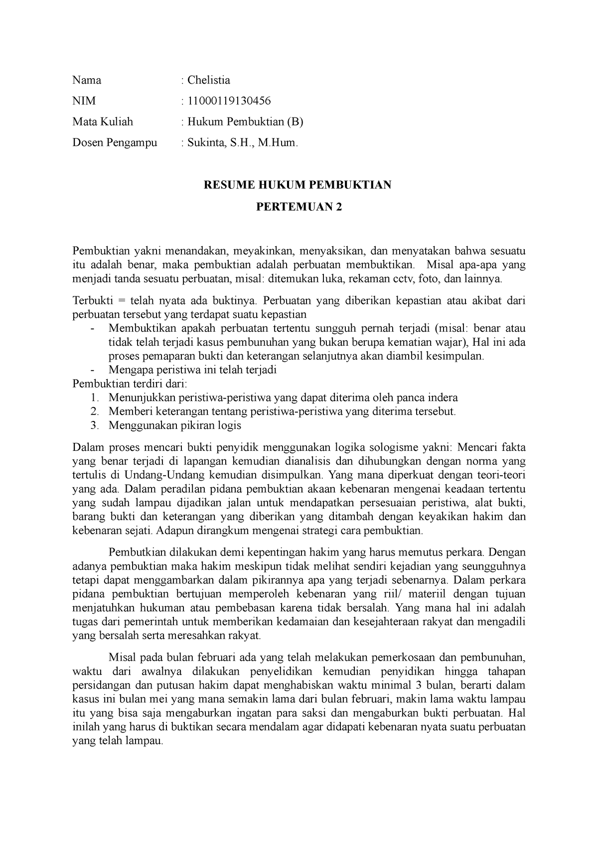 Resume Pertemuan 2 Hukum Pembuktian (B) - Nama : Chelistia NIM ...