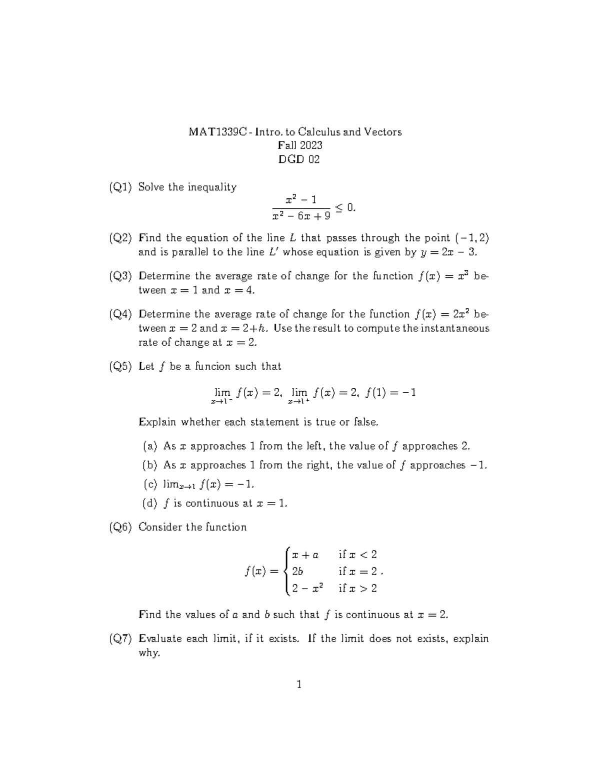DGD 02 - second DGD - DGD 02 (Q1) Solve the inequality x 2 − 1 x 2 − 6 ...