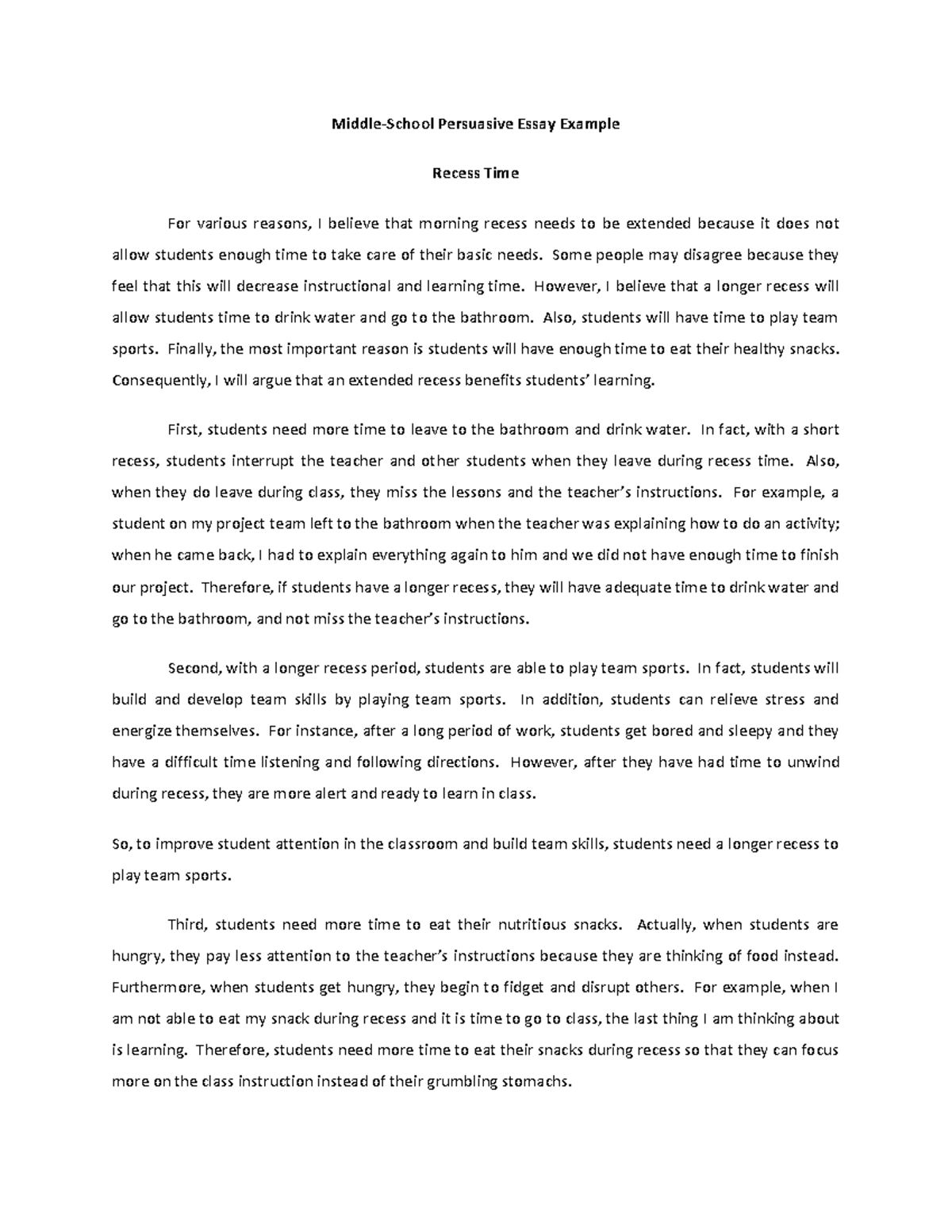 Middle School Persuasive Essay Example Persuasive Essay Example 