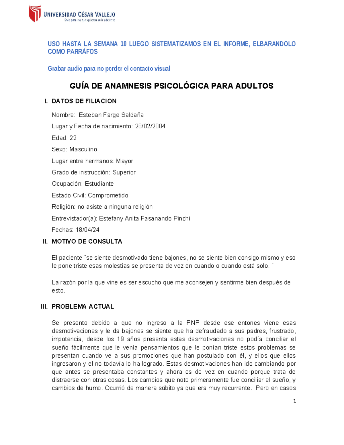 GuÍa De Anamnesis Psicológica Adultos Claritaaaaaaaaaa Uso Hasta La Semana 10 Luego 7050