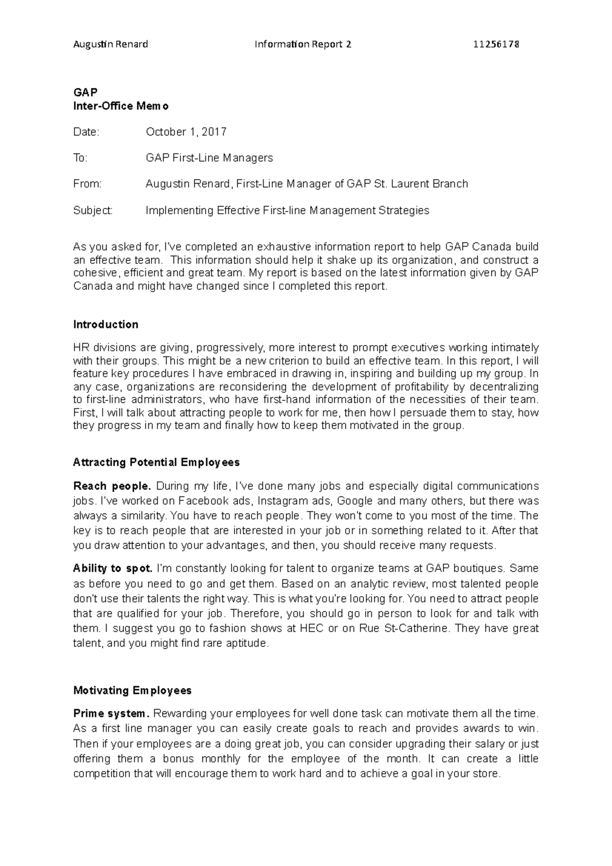 Information Report 2 - Laurent Branch Subject: Implementing Effective ...