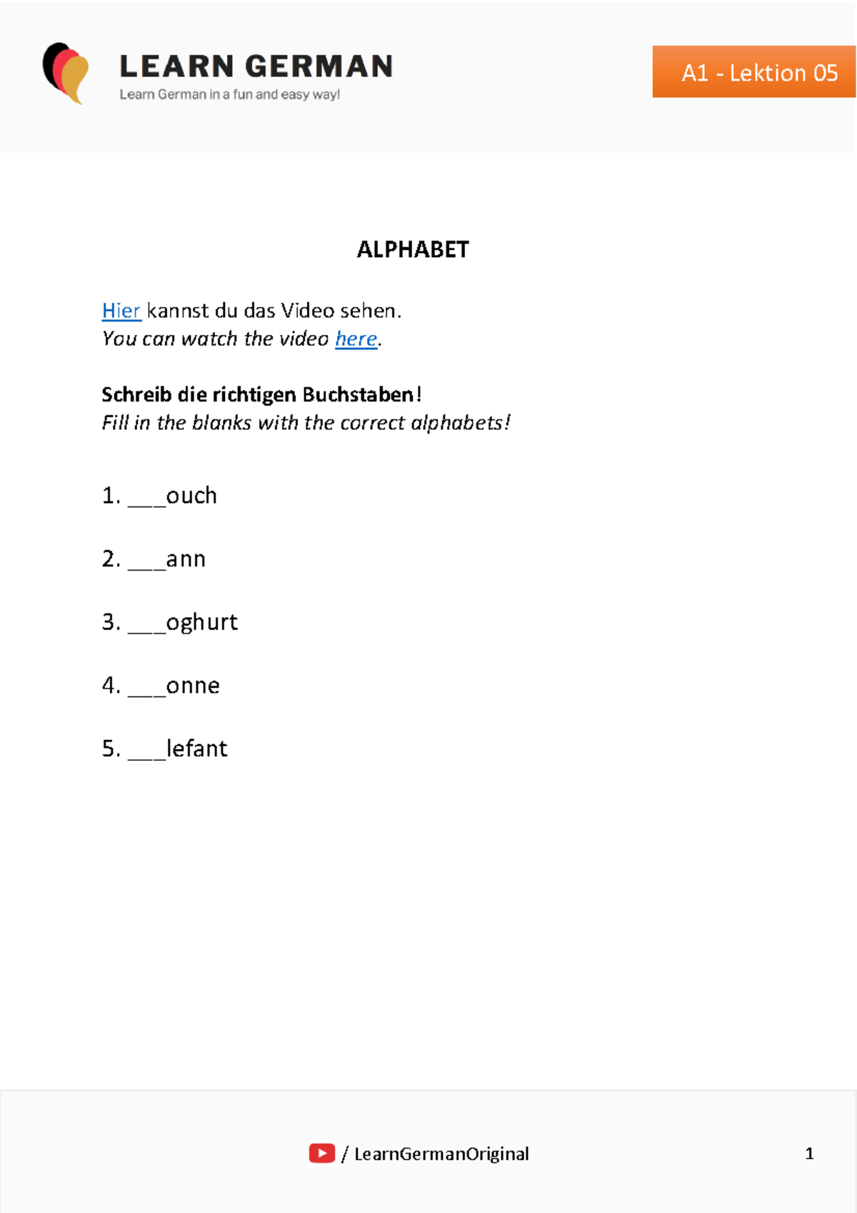 A1 - Lesson 5 - Alphabets - LG9001 - 1 A1 - Lektion 05 ...