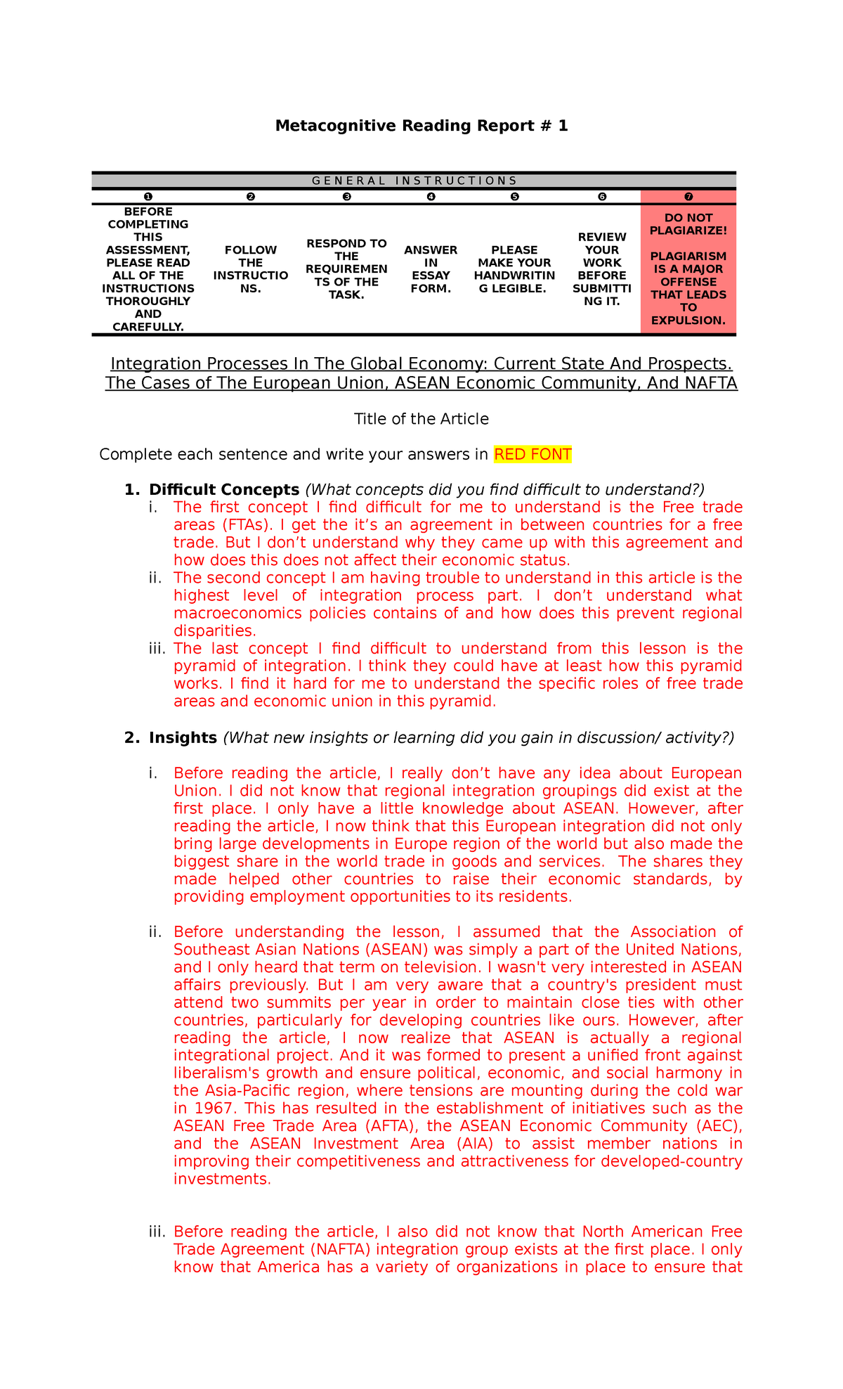 Metacognitive Reading Report Number 1 On Ged105 Metacognitive Reading 