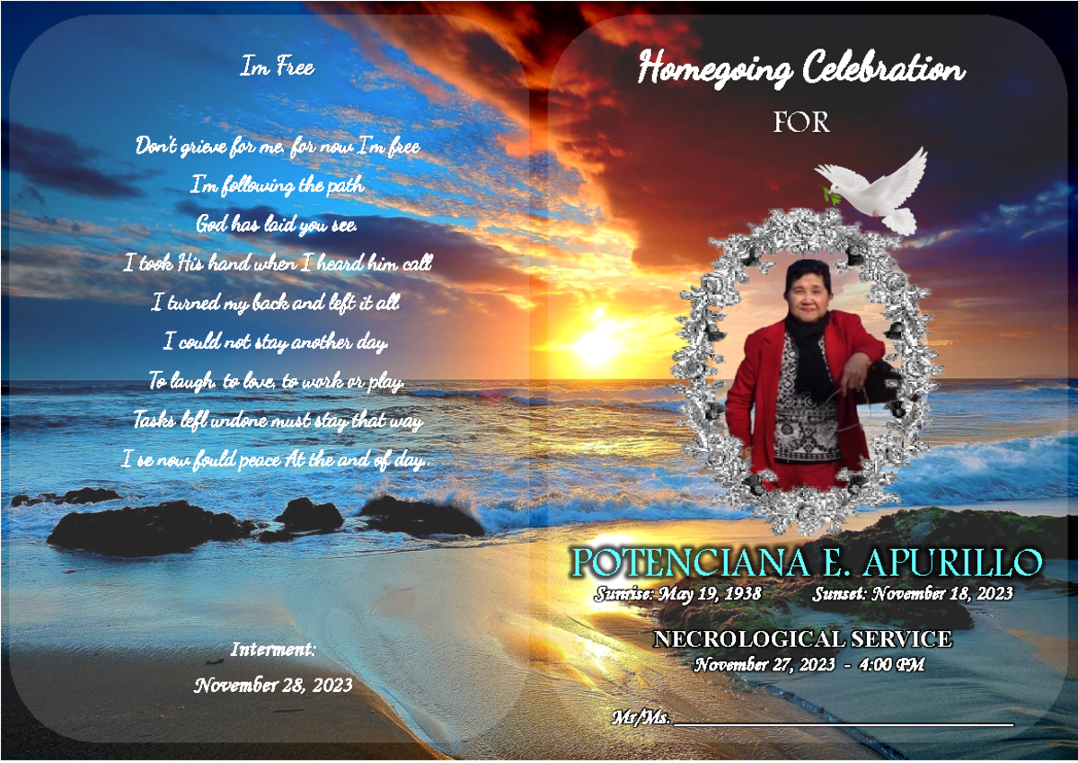 Necro Prog - Homegoing Celebration FOR POTENCIANA E. APURILLO Sunrise ...
