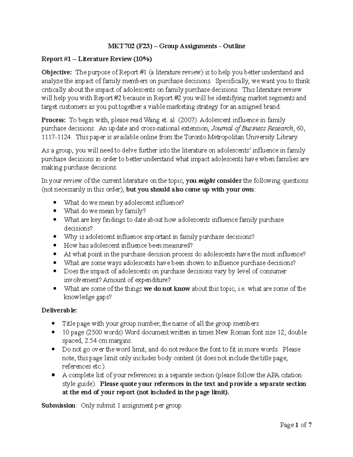 MKT702 Group Assignments outline Newton F2023 - MKT702 (F23) – Group ...
