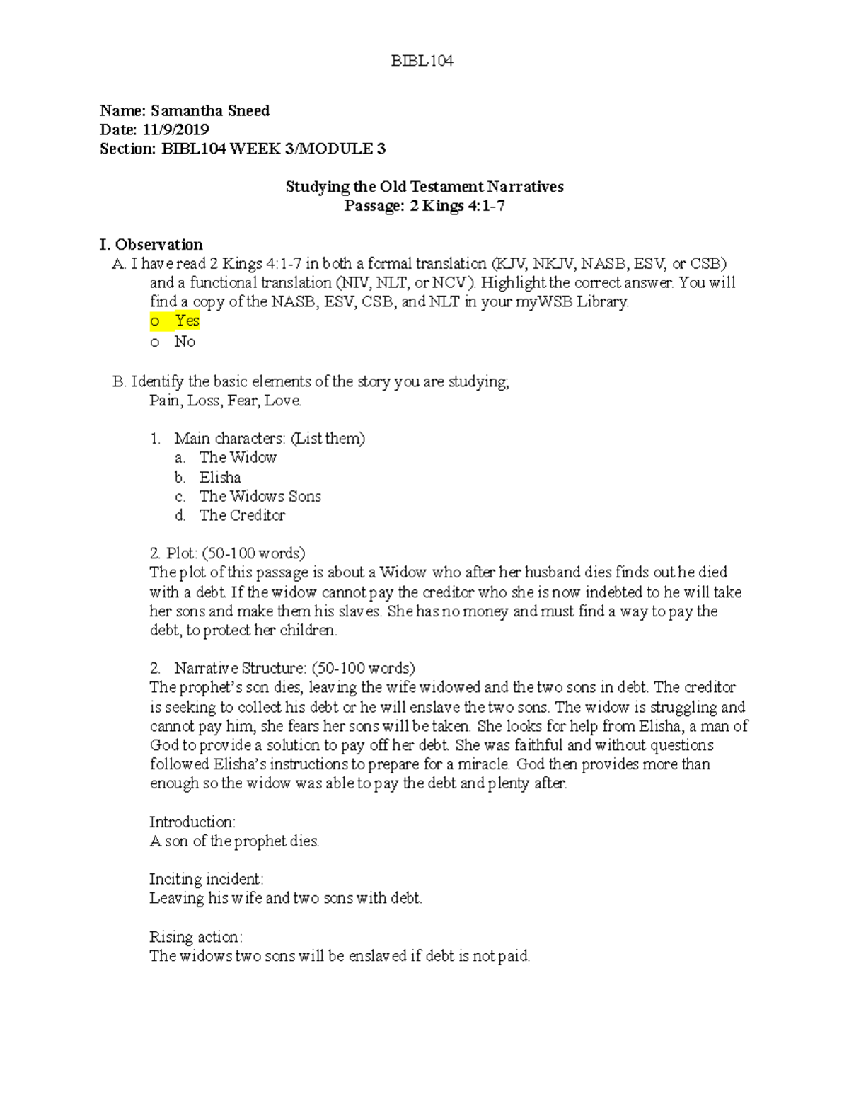 BIBL 104Studying the Old Testament Narratives (example) Name