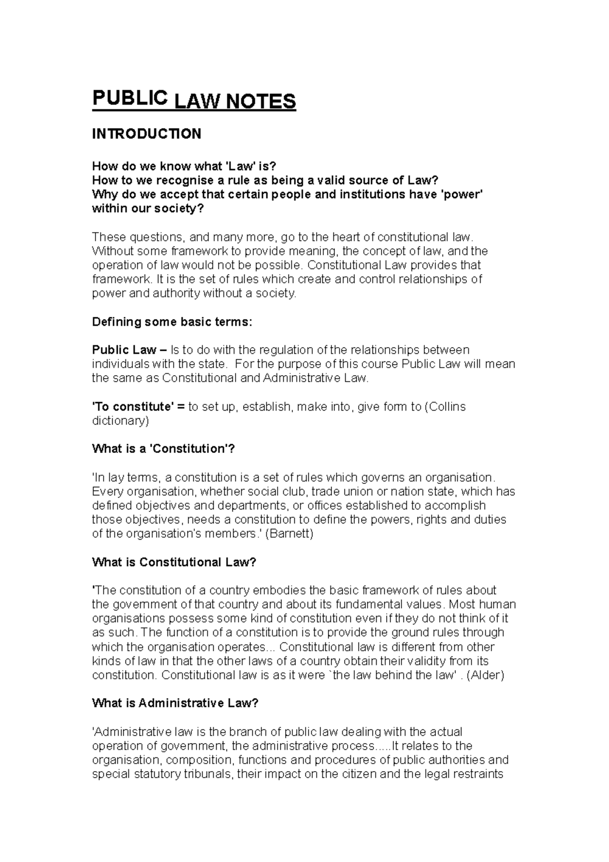 Public LAW WEEK 1-2 Notes - PUBLIC LAW NOTES INTRODUCTION How do we ...