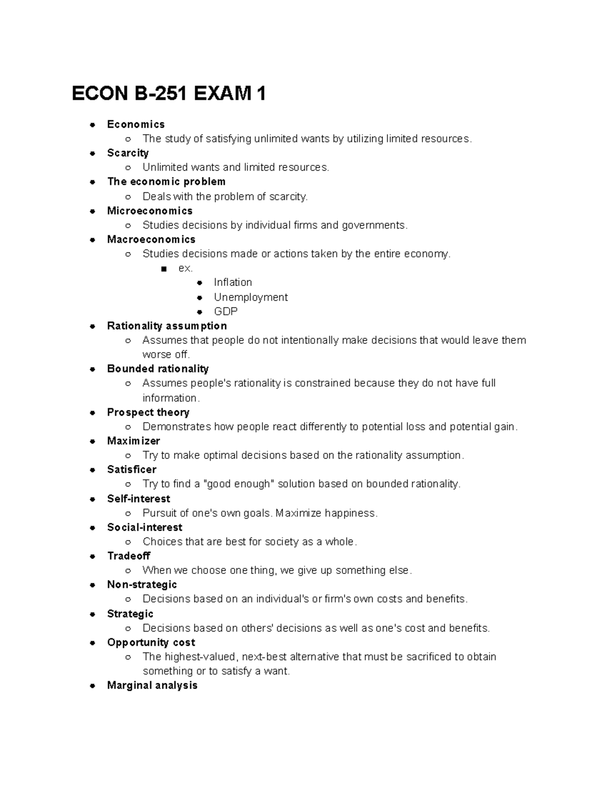 ECON B-251 EXAM 1 - This Document Includes Important Terminologies From ...