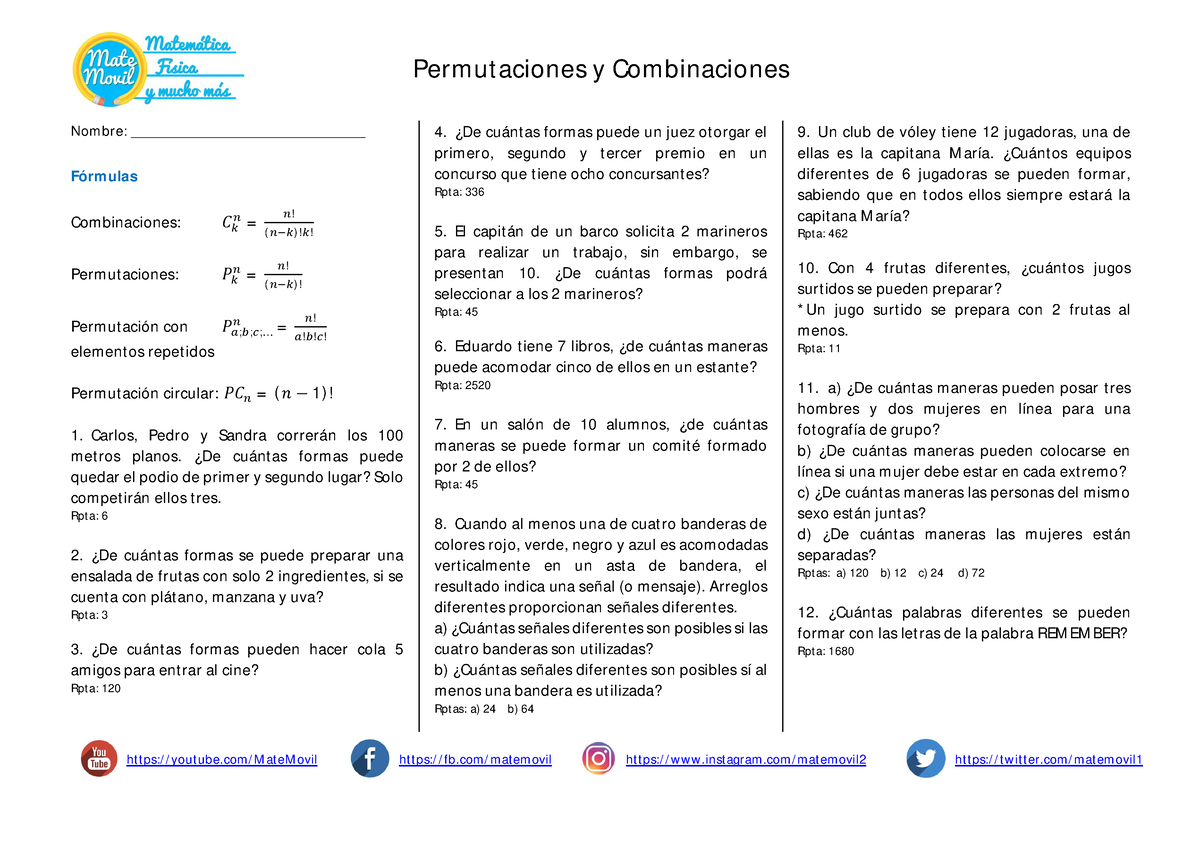 Permutaciones Y Combinaciones Ejercicios Resueltos PDF - Permut Aciones ...