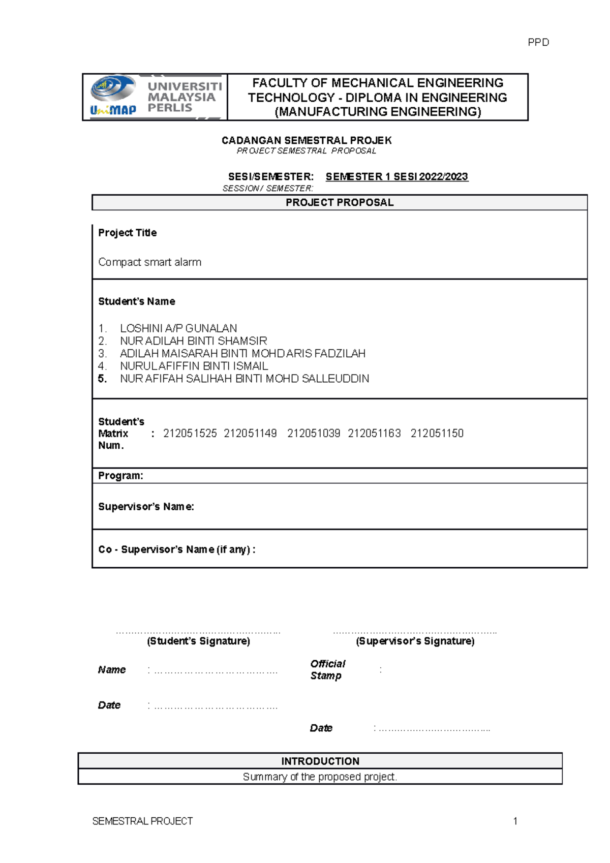 Proposal Format - Nur Adilah - FACULTY OF MECHANICAL ENGINEERING ...