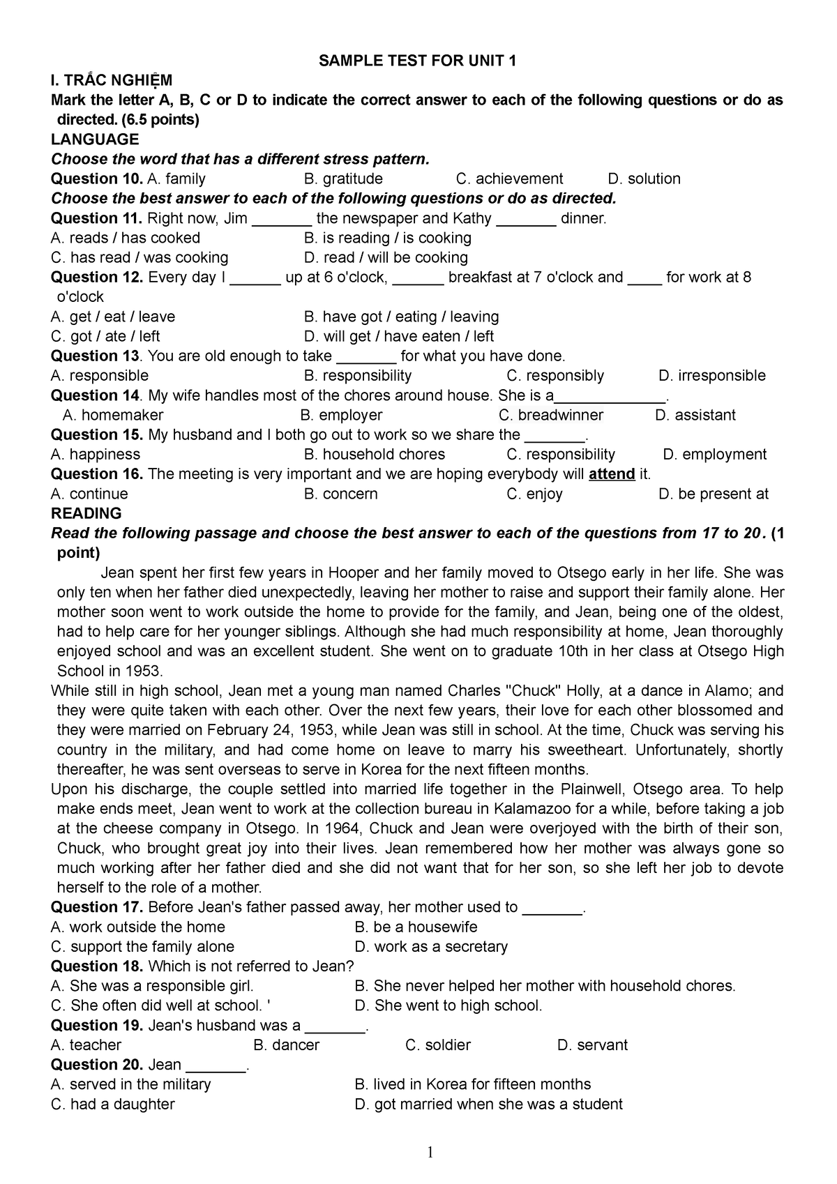 10 -ĐỀ-CƯƠNG-HK1-2022-2023 - SAMPLE TEST FOR UNIT 1 I. TRẮC NGHIỆM Mark the letter A, B, C or D ...