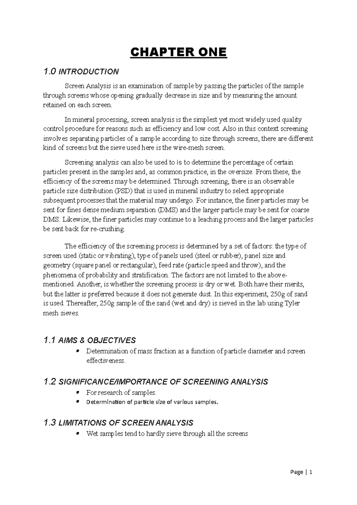 Screening analysis CHAPTER ONE 1 INTRODUCTION Screen Analysis is an