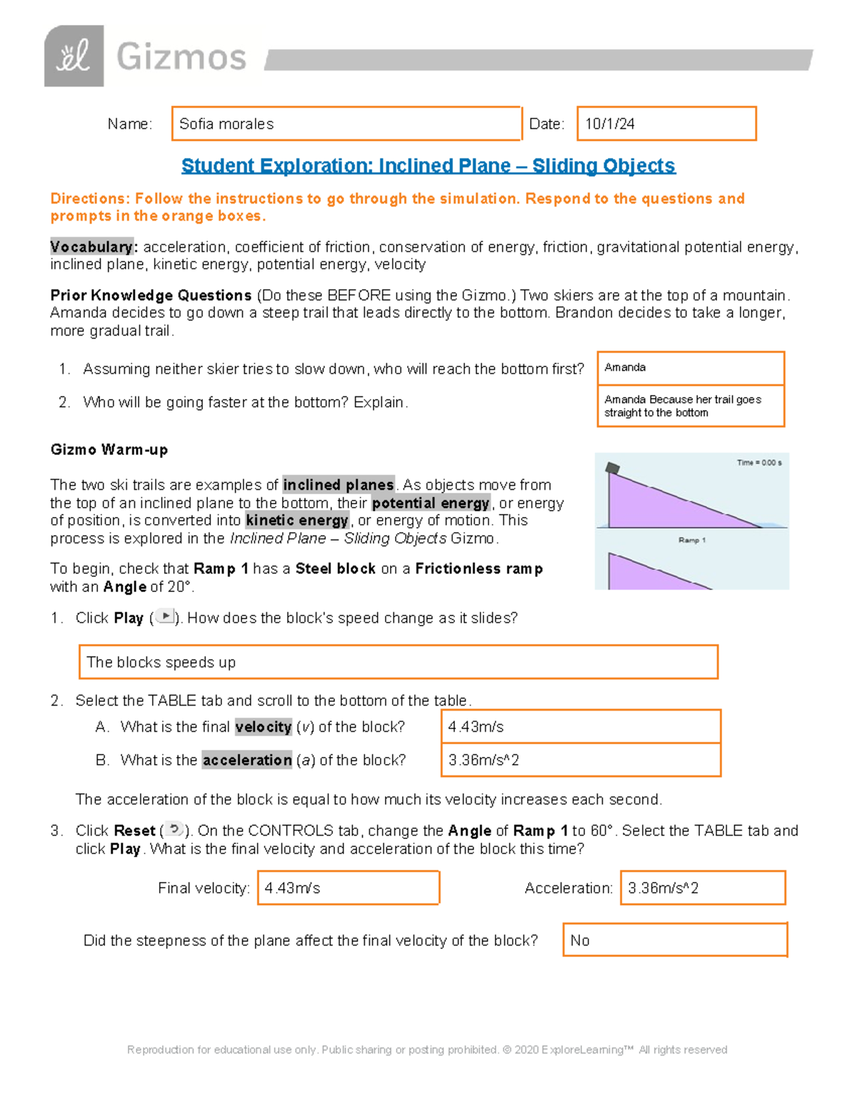 Copy of Inclined Plane Sliding SE - Name: Sofia morales Date: 10/1 ...