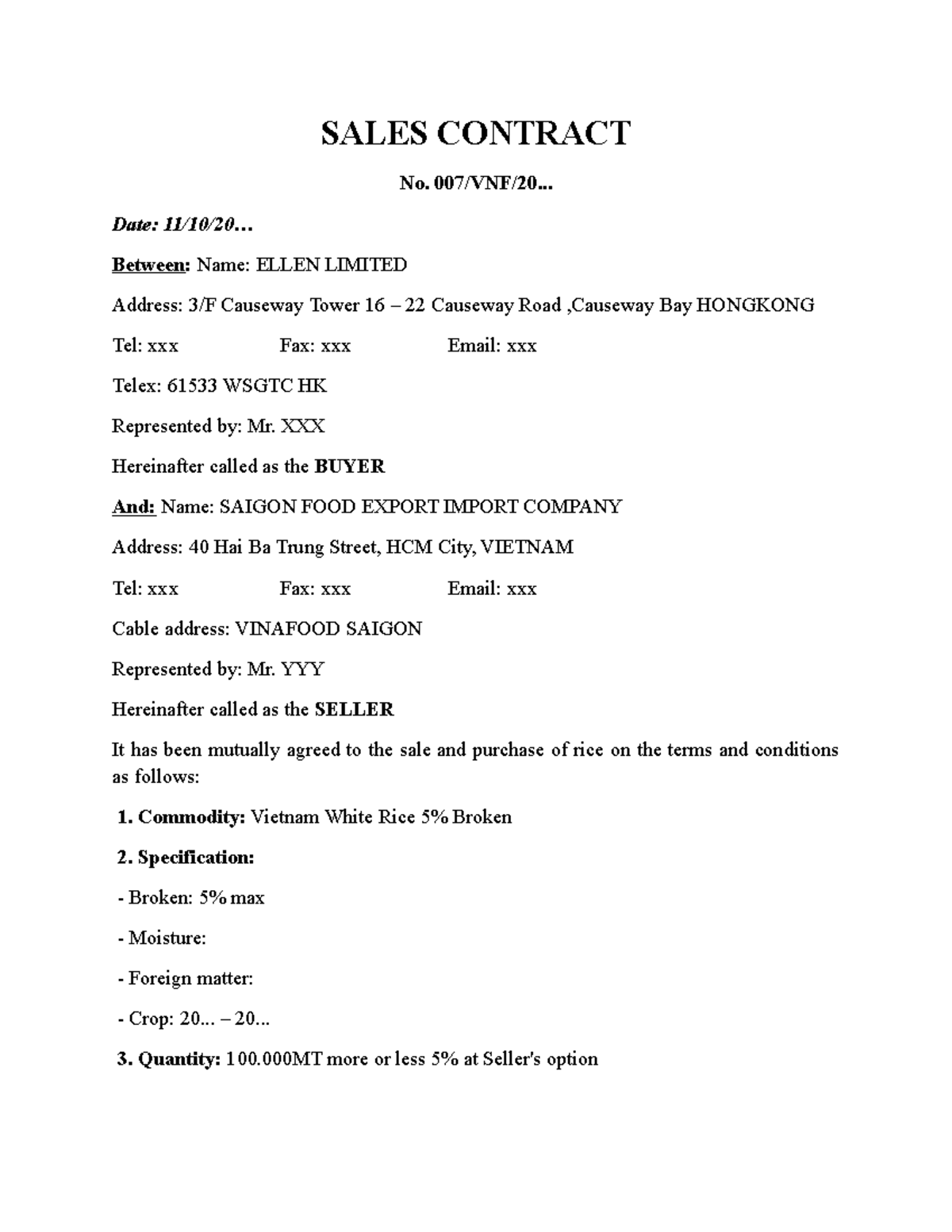 Exporting Rice Sales Contract - Sales Contract No. 007 Vnf 20 Date 