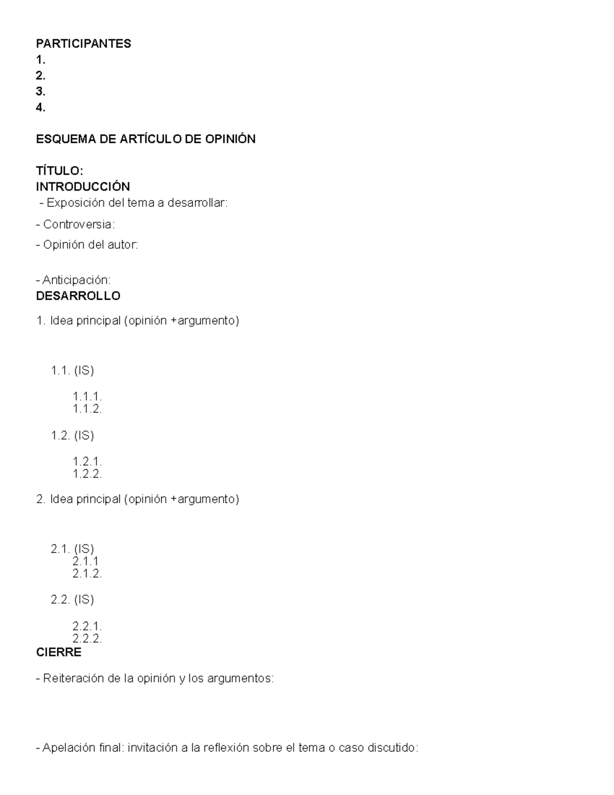 Esquema Y Modelo DE Artículo DE Opinión - PARTICIPANTES 1. 2. 3. 4 ...