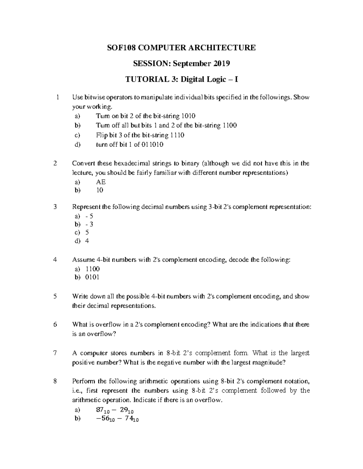 Tutorial 3 Questions - SOF108 COMPUTER ARCHITECTURE SESSION: September ...