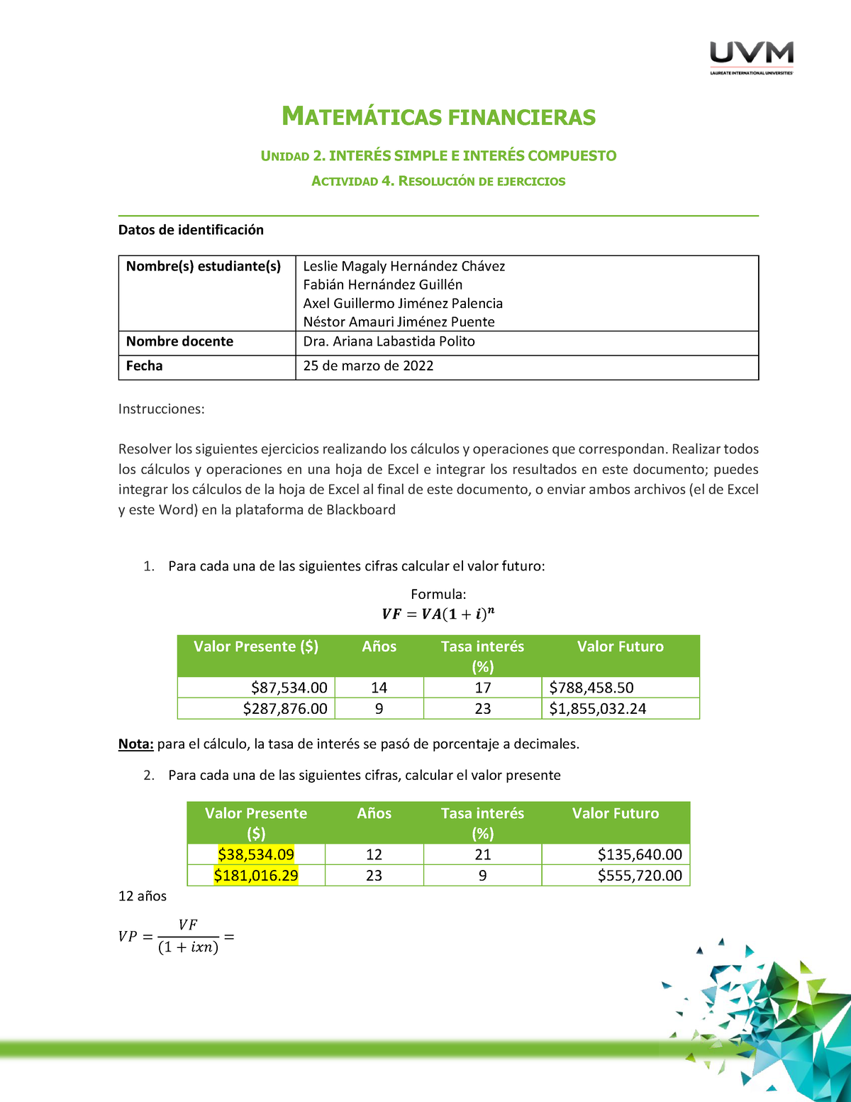 A4 E5 - TAREA - MATEM¡TICAS FINANCIERAS UNIDAD 2. INTER.. SIMPLE E ...