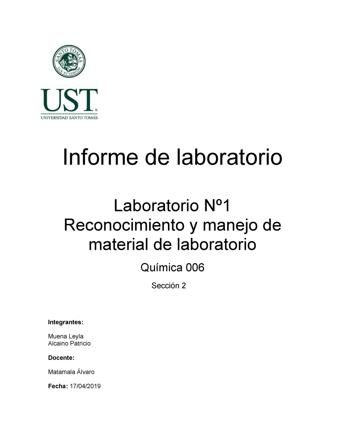 Informe De Laboratorio N°1 Quimica Informe De Laboratorio Laboratorio Nº Reconocimiento Y 2634