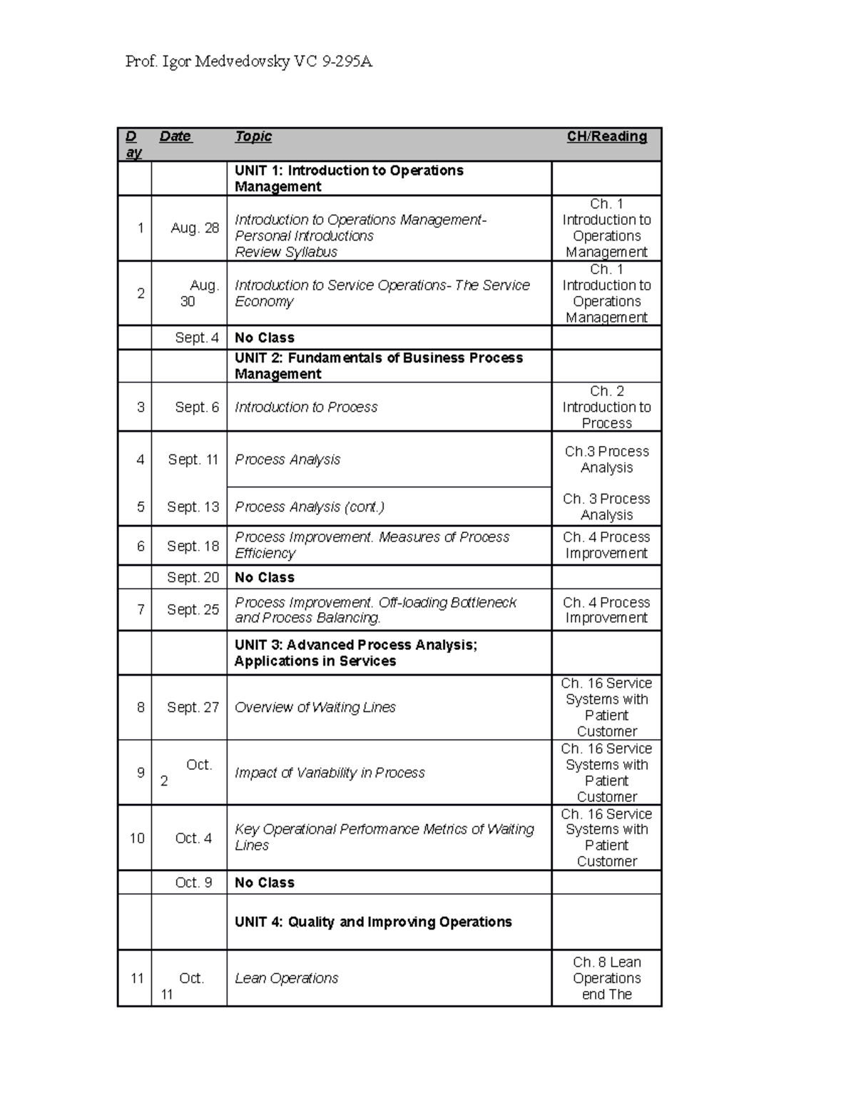 Mgt 3121-IM Fall 2017 Schedule-1 - Prof. Igor Medvedovsky VC 9-295A D ...