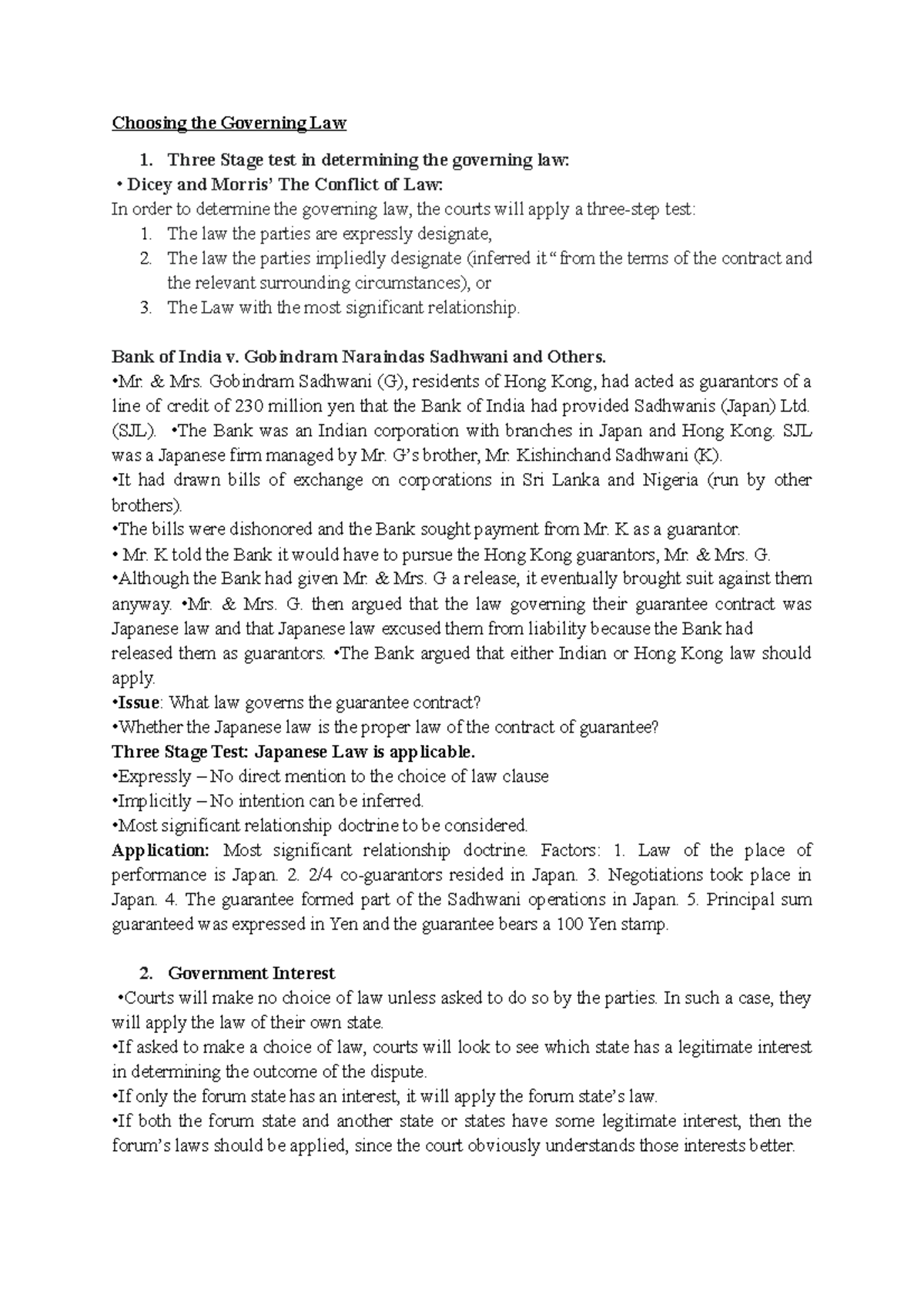 Choosing the Governing Law Three Stage test in determining the