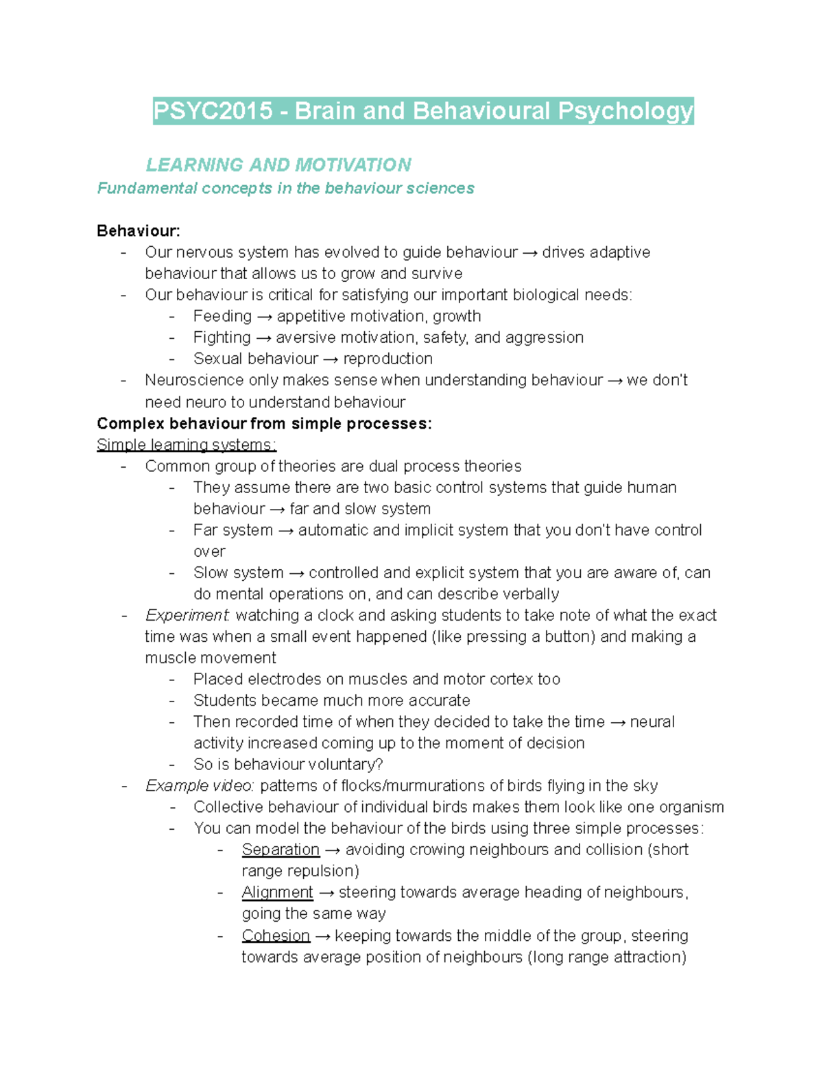 Midsem Lecture Notes - PSYC2015 - Brain and Behavioural Psychology ...