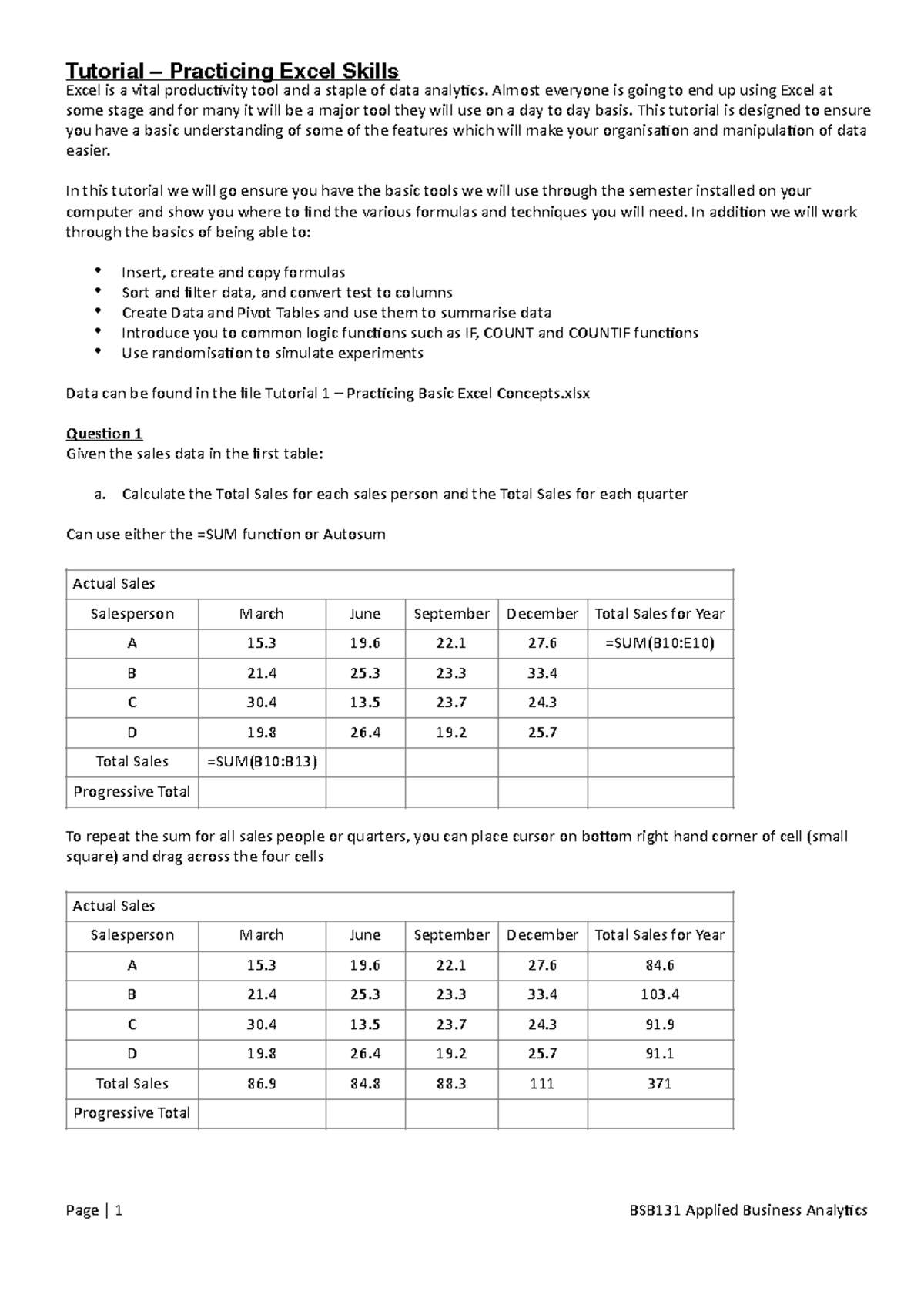 Tutorial 1 - Practicing Basic Excel Concepts - Solutions-2 - Tutorial ...