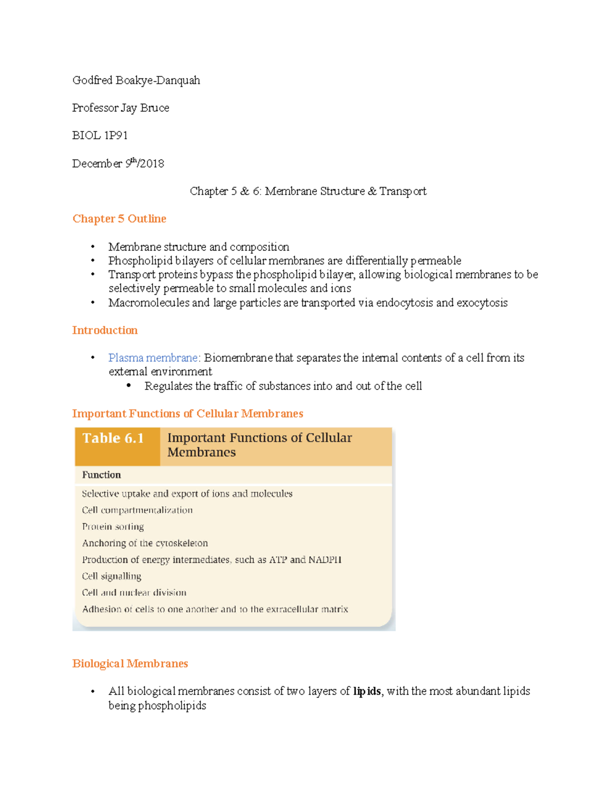 BIOL 1P91, Chapter 5 & 6 notes - Godfred Professor Jay Bruce BIOL 1P91 ...