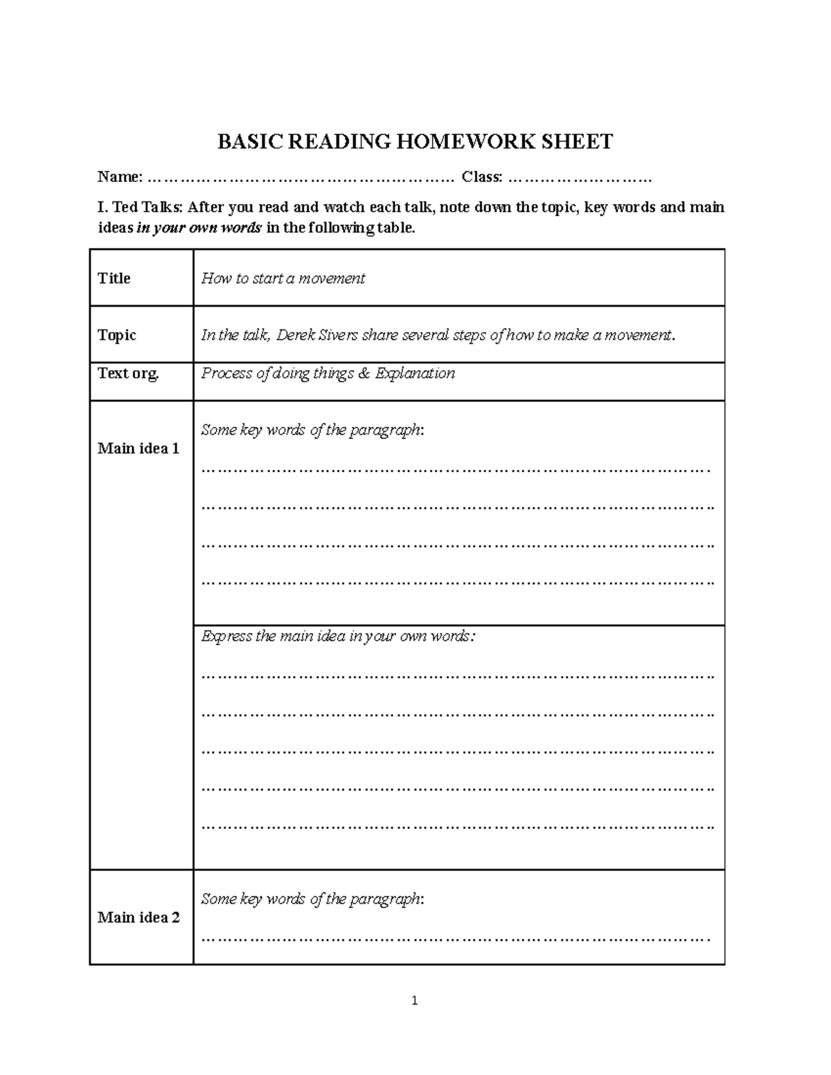 Basic Reading Homework Sheet 2021 - BASIC READING HOMEWORK SHEET Name ...