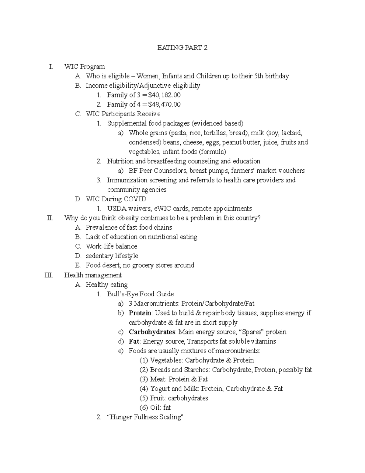 Eating PART 2 - Lecture notes 7 - EATING PART 2 I. WIC Program A. Who ...