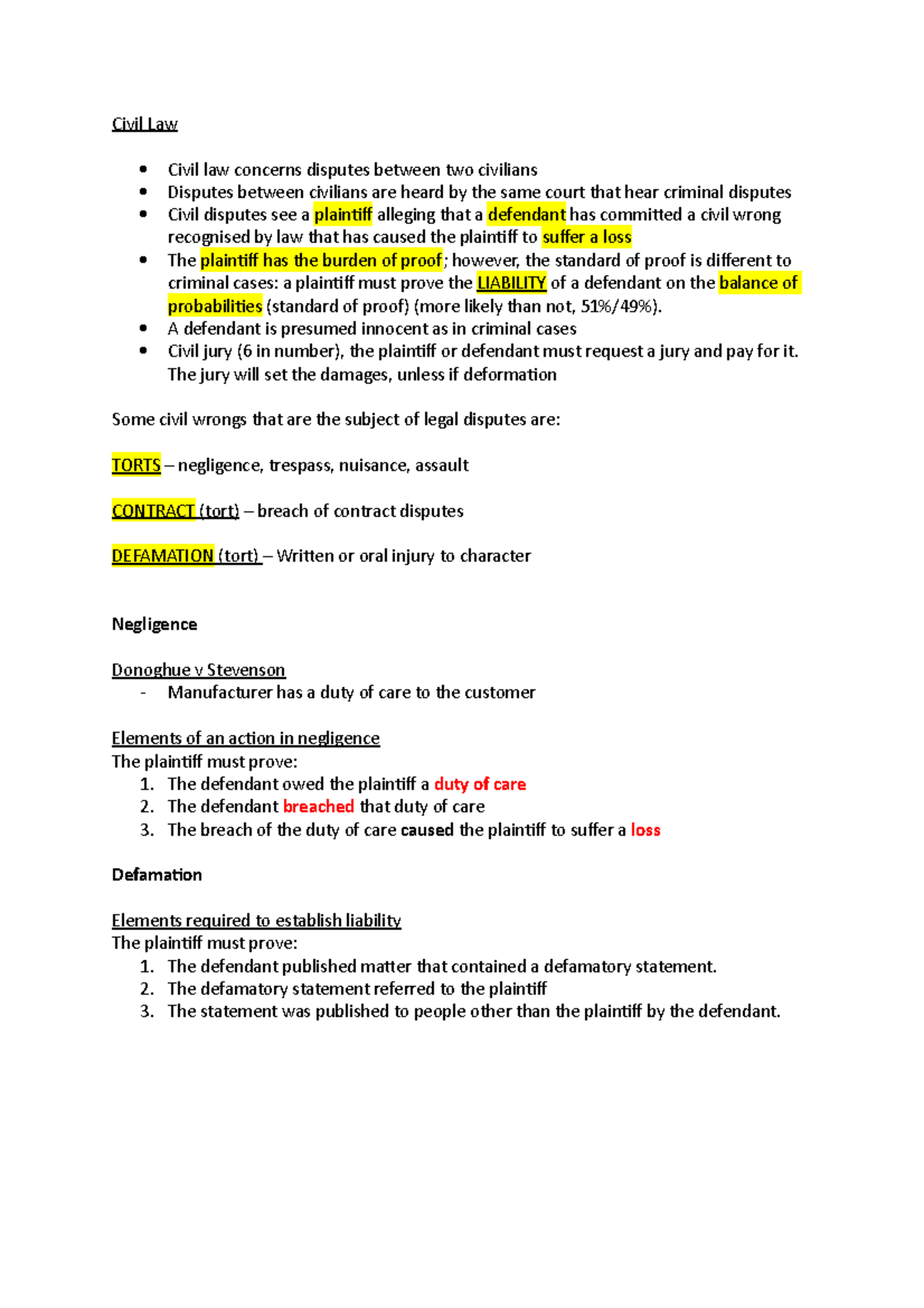 Civil Law notes - Civil Law Civil law concerns disputes between two ...