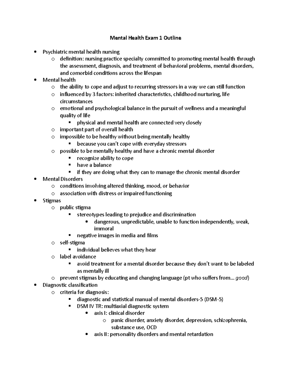 Mental Health Exam 1 Outline - Mental Health Exam 1 Outline Psychiatric ...