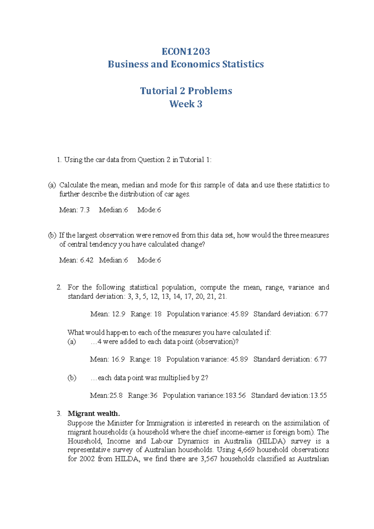 Tutorial 2 (Week 3) - ECON1203 Business and Economics Statistics ...
