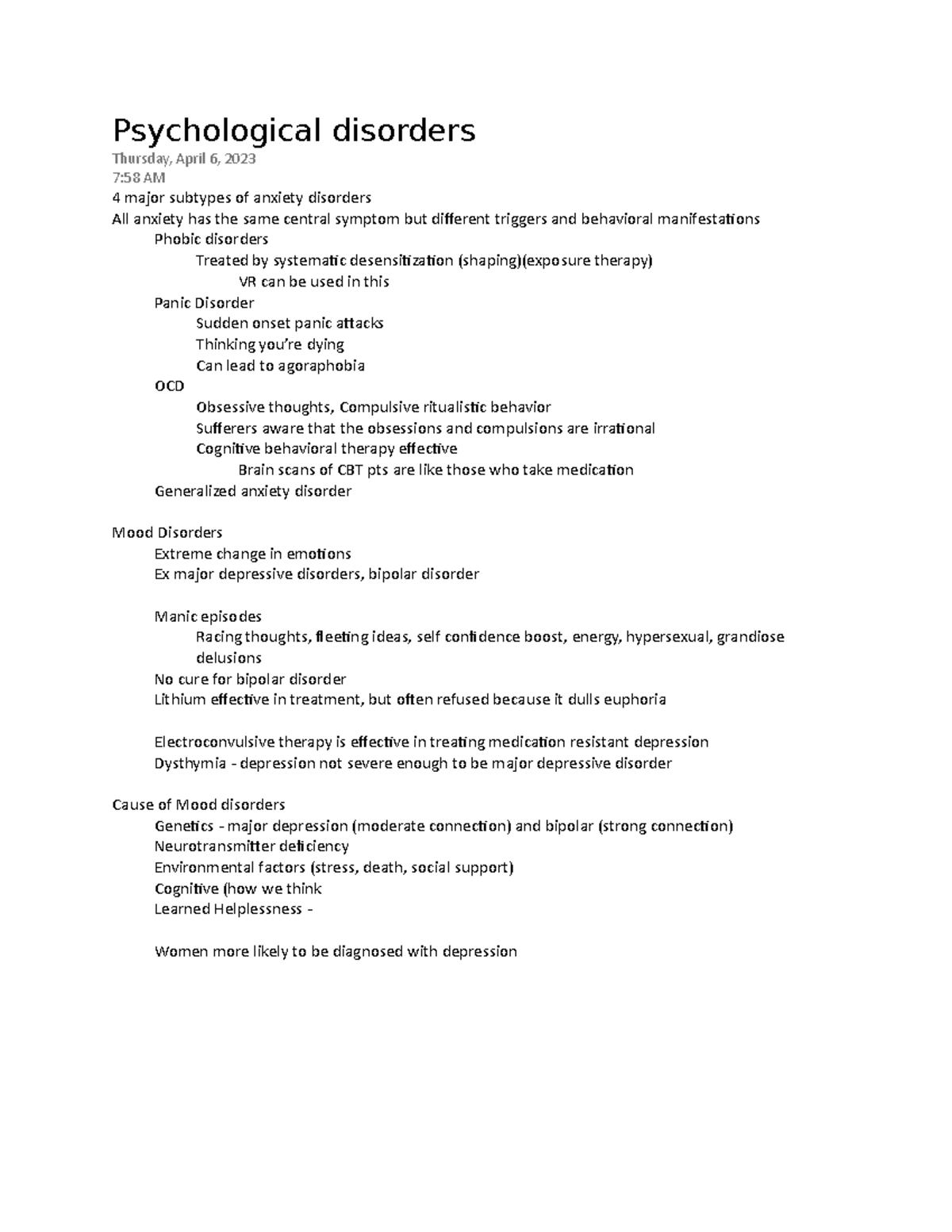 Psychological disorders notes - Psychological disorders Thursday, April ...