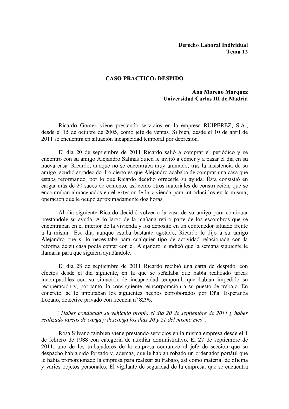 Caso Practico Despido Derecho Laboral Individual Tema 12 Caso PrÁctico Despido Ana Moreno 8232