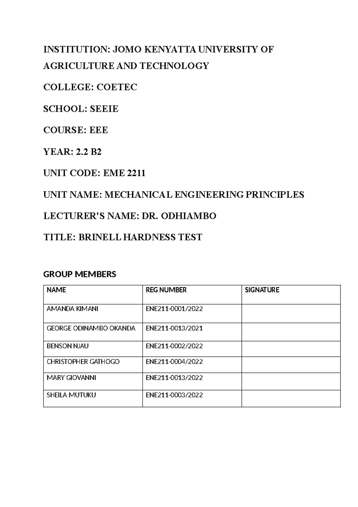 Brinell Hardness Test Report - Institution: Jomo Kenyatta University Of 