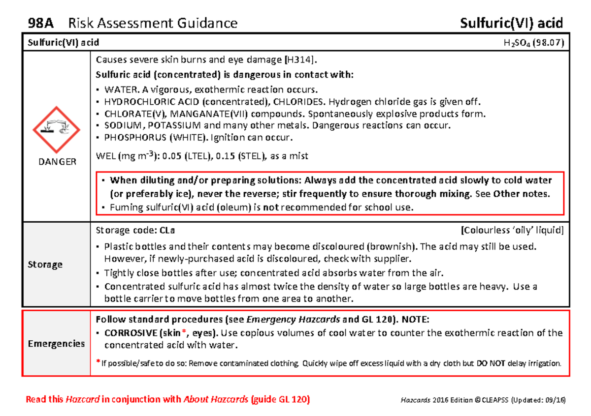 Hc098a Sulfuric Vi Acid Read This Hazcard In Conjunction With About Hazcards