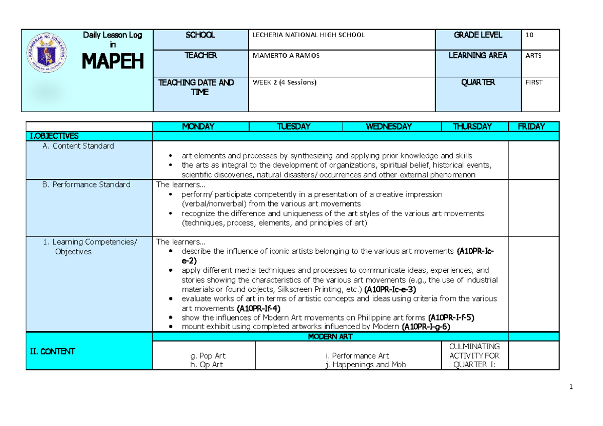 Q1 Grade 10 ARTS DLL Week 2 - Daily Lesson Log in MAPEH SCHOOL LECHERIA ...
