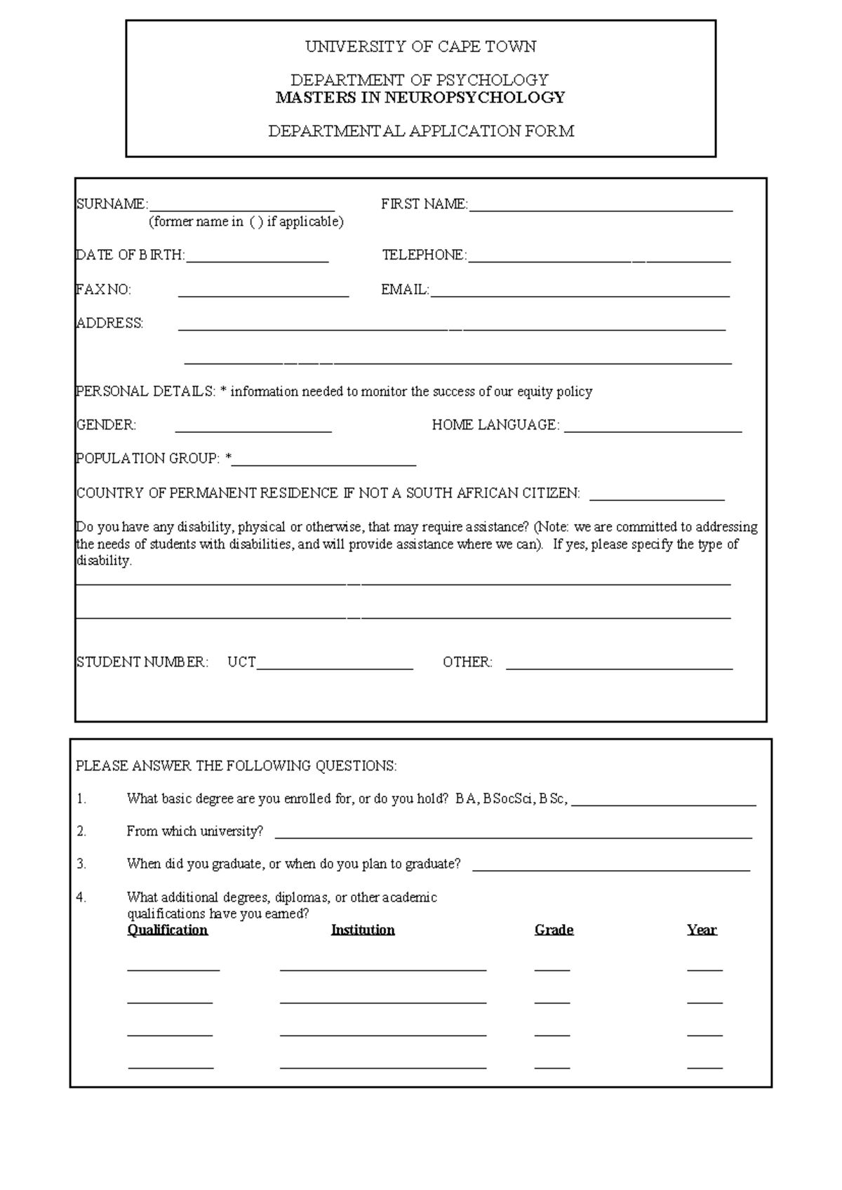 MA Neuropsychology Application FORM %20Ev1 - UNIVERSITY OF CAPE TOWN ...