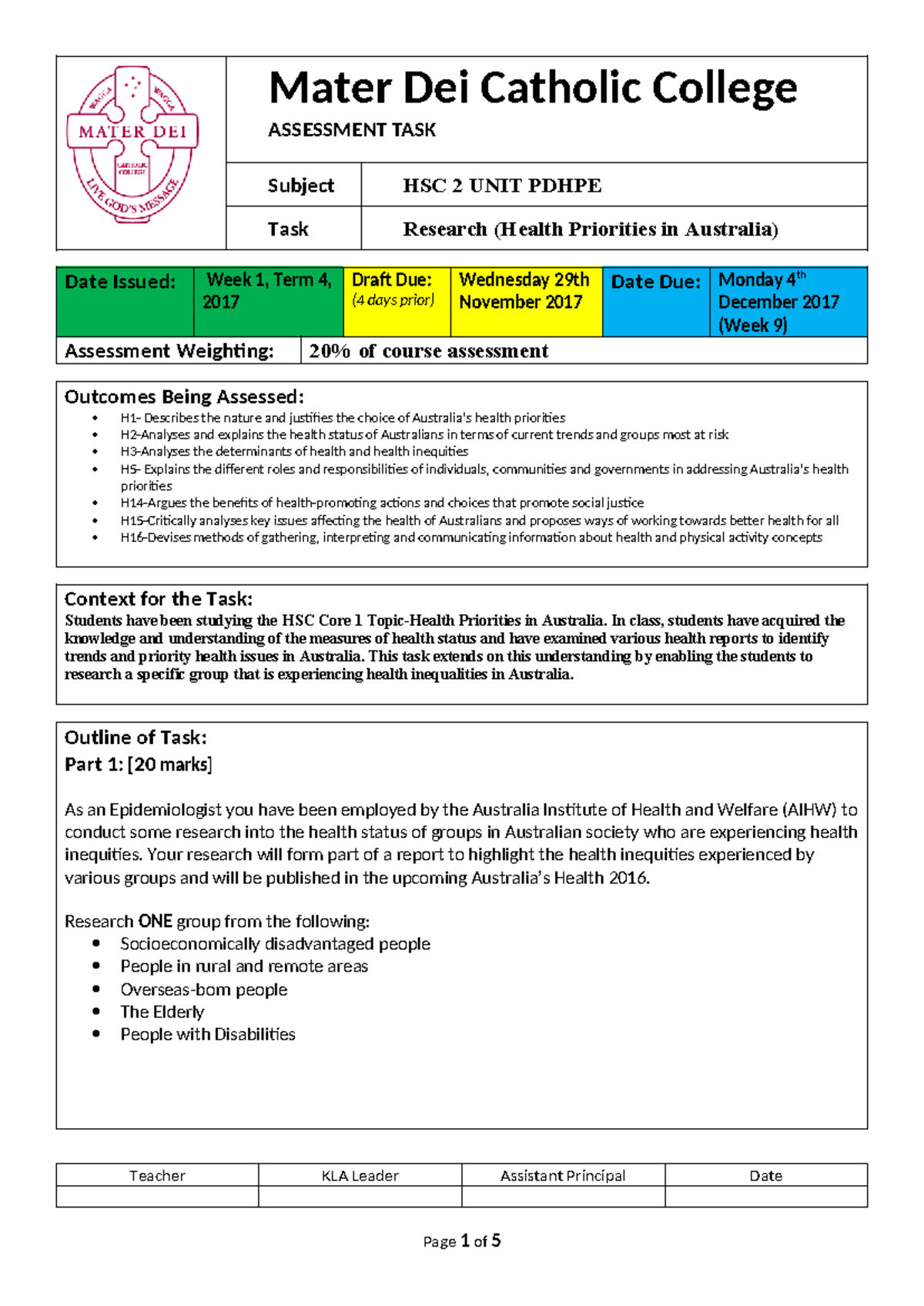 Year 12 pdhpe 2018 hsc task 1 - Mater Dei Catholic College ASSESSMENT ...