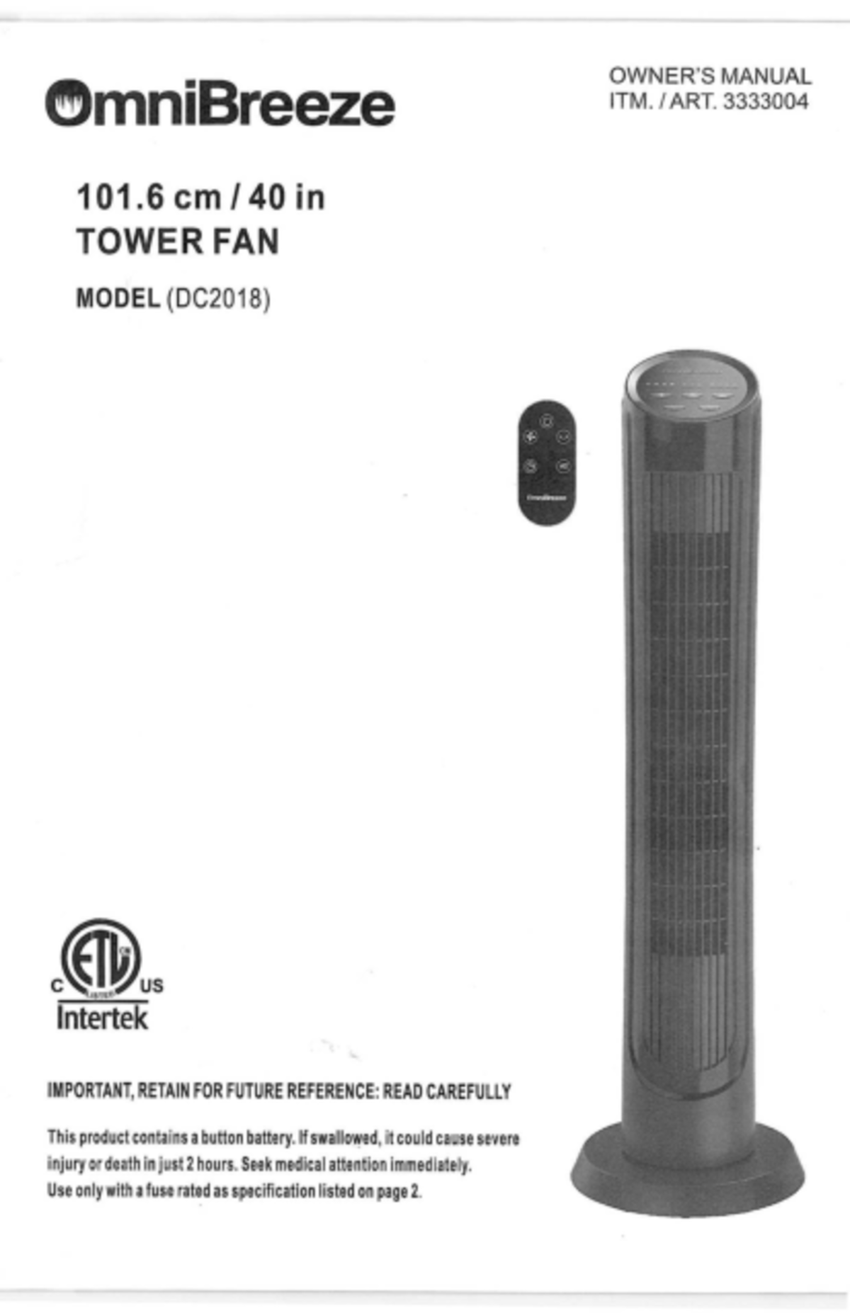 Omni Breeze Tower Fan Model DC2018 Owner