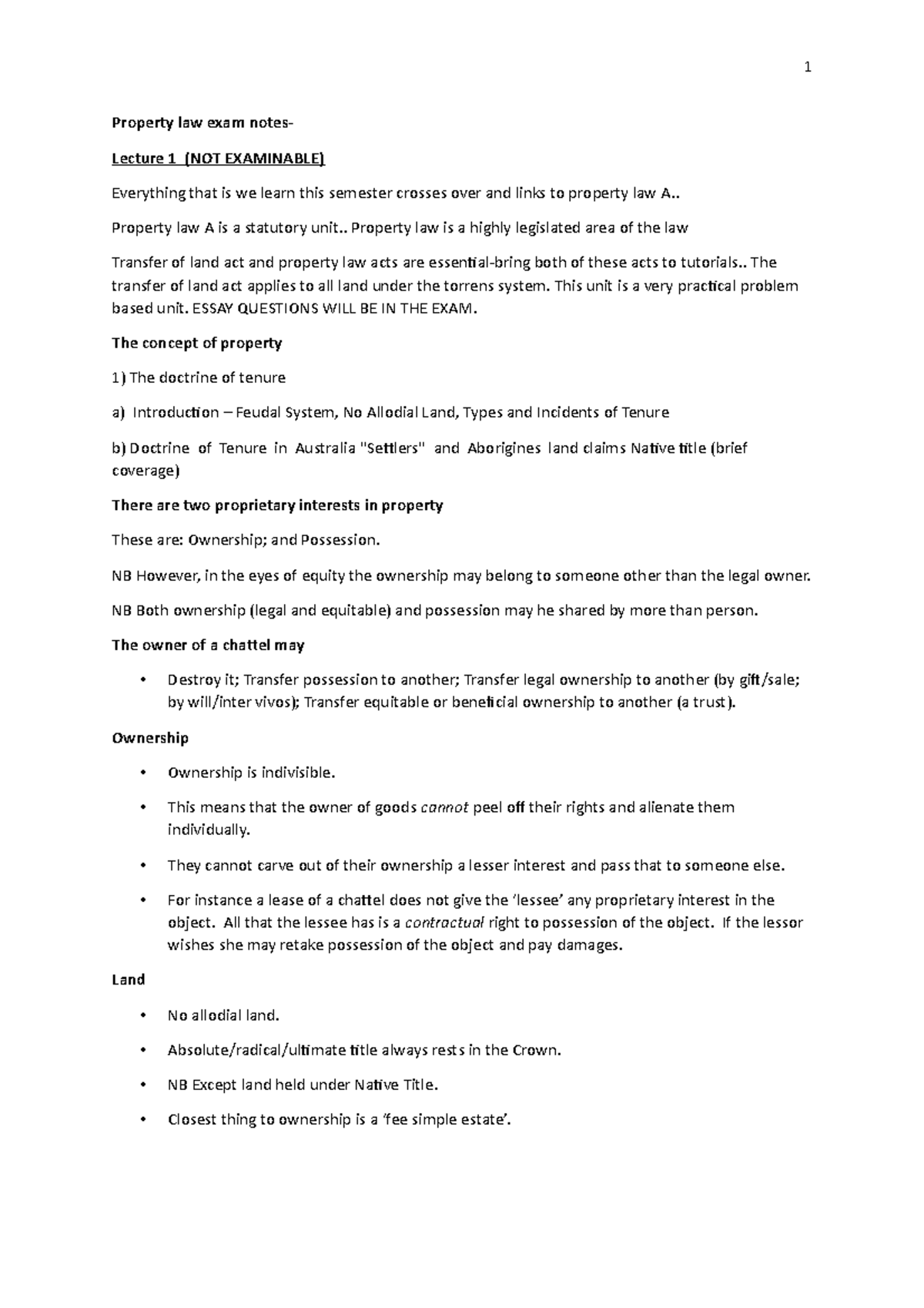 Property law Lecture Slide exam notes - 1 Property law exam ...