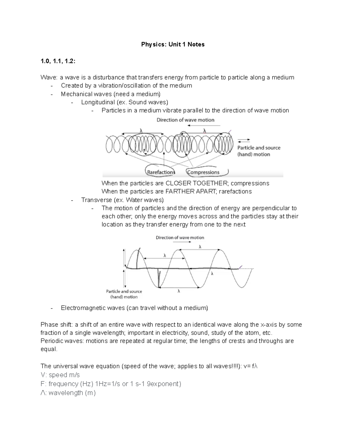 Physics Unit 1 - Unit 1 Notes - Physics: Unit 1 Notes 1, 1, 1: Wave: a ...